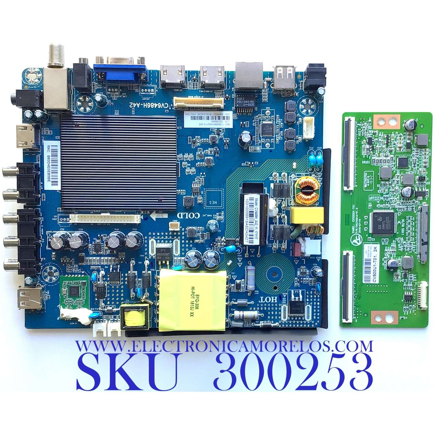 KIT DE TARJETAS PARA TV ELEMENT / NUMERO DE PARTE MAIN FUENTE	103100069 / CV6486H-A42 / 7.D6486HA42110.3A6 / 88H10271 / T-CON CV500U1-T01 / CV6744A1A-V1.0 / CV500U1-T01 2K / CV6744A1A / PANEL T500-TAF-DLED / DISPLAY CV500U1-T01 REV:01 / MODELO E2SW5018